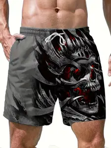 Men's Printed Skull Head Summer Beach Shorts, Adjustable Drawstring Waist, Perfect for Beach and Summer Outings, Swim Shorts