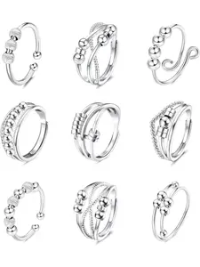 9Pcs Anti Anxiety Rings For Women Men Fidget Band Rings Set For Anxiety Unisex Adjustable Open Ring Stacking Spinner Worry Stress Relief Ring With Beads Stackable Ring Set
