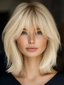 Fashionable New Short Curly Shoulder Length Blonde Wigs with Bangs, Synthetic Women's Wigs for Ordinary Work, Life, Dance Parties and All Occasions, Synthetic Material Wigs