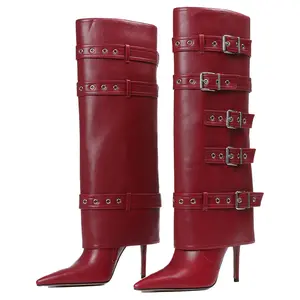Women’s Knee High Multi Buckle Boots Stiletto Heel Patent Leather Pointed Toe Adjustable Strap Edgy Party Casual Daily Footwear