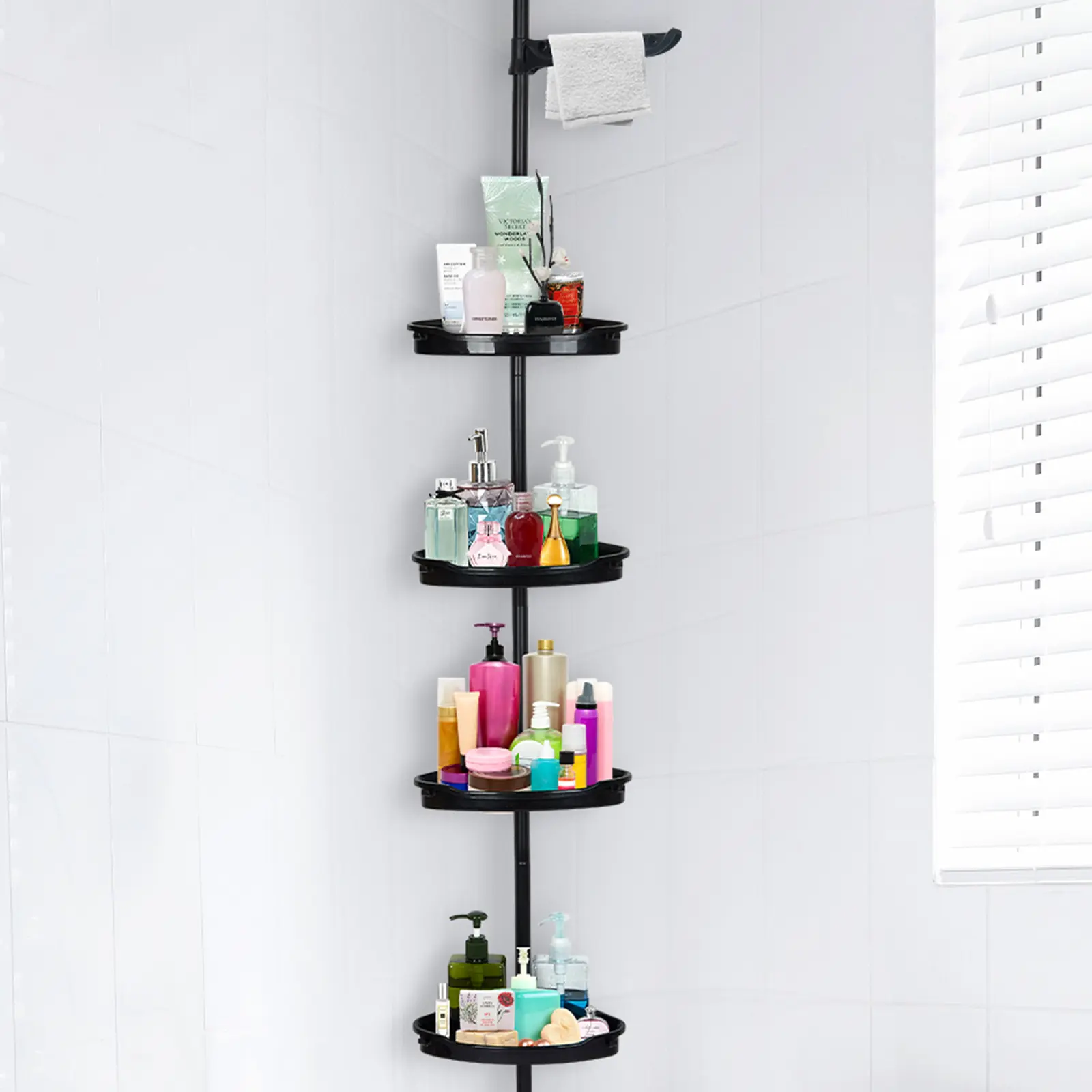 Summervibes 4-Tier Adjustable Rustproof Stainless Steel-Plastic Corner Shower Tension Pole Organizer, No-Drill Standing Bathroom Shelves Rack for Bathtub, Shampoo & Accessories (White or Black) - Home Flash Sale Item