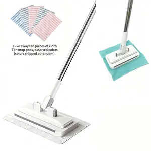 Mini Flat Mop with Long Handle – Zero Touch Design, Locking Head Gap Dust Cleaner for Floor, Wall & Corner Cleaning – Includes 1 Mop + 10 Disposable Mop Pads (Random Colors) – Ideal for Home, Apartment & Daily Cleaning Broom and Dustpan Set