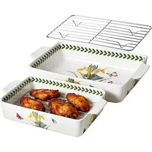 Ceramic Casserole Dish for Oven, Ceramic Baking Dish Set with Roasting Racks, Floral Baking Dishes for Oven Lasagna Pan, Large Baking Dish with Handles, Durable and Oven Safe Pan,  Packaging 4 count Set(13"x8"+10.3"x6.3") (Iris Roasting Rack)