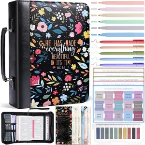 Bible Cover Case for Women, Leather Bible Bags with Study Supplies Large Book Carrying Case Church Book Holder Organizer Christmas Gifts, Black Leaves