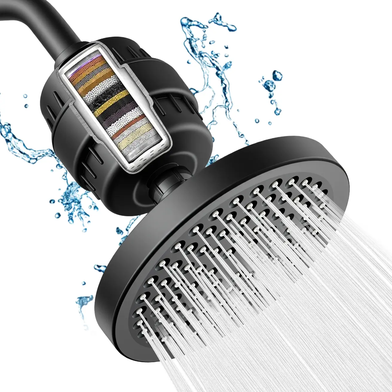 6-inch circular showerhead set with 15 level showerhead filter reduces chlorine and heavy metals, luxurious polished chrome color