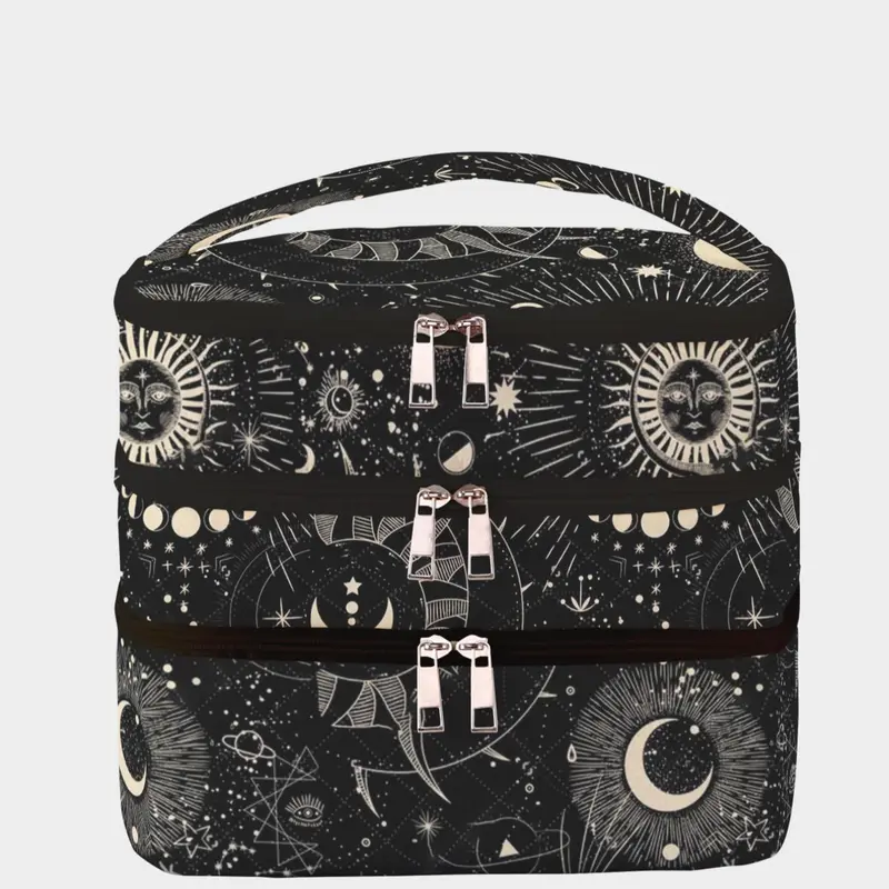 Sun & Moon Pattern Makeup Bag, Large Capacity Travel Toiletry Bag, Portable Travel Makeup Bag, Zipper Makeup Organizer Pouch, Cosmetic Travel Bag, Portable Cosmetic Bags