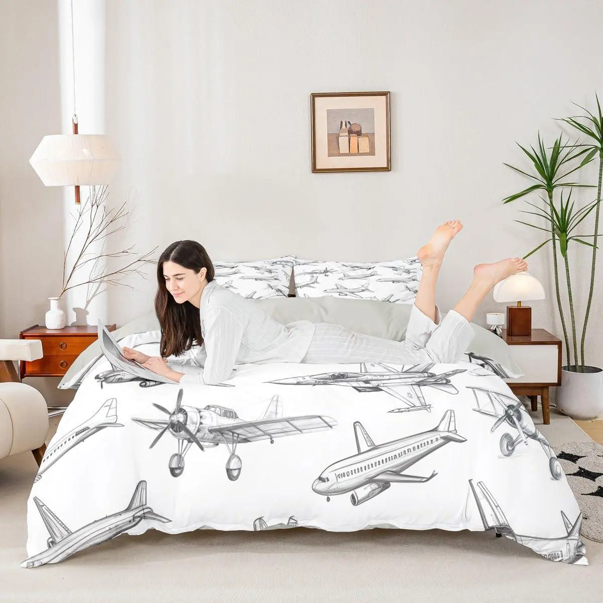 Airplane Duvet Cover Set Aircraft Bedding Set Bedroom Decor Black White Sketch Print Comforter Cover Flying Theme Quilt Cover