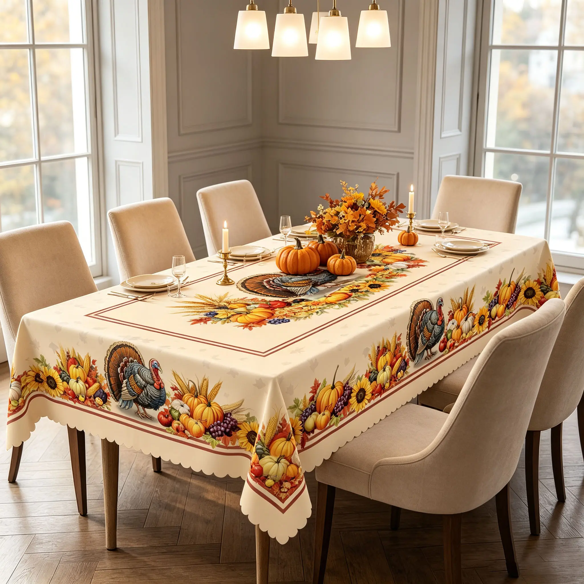 Thanksgiving Turkey Rectangular Tablecloth, Fall Harvest Pumpkin & Sunflower Printed Table Cover, Autumn Farmhouse Dining Table Decor for Kitchen, Family Dinner & Holiday Party