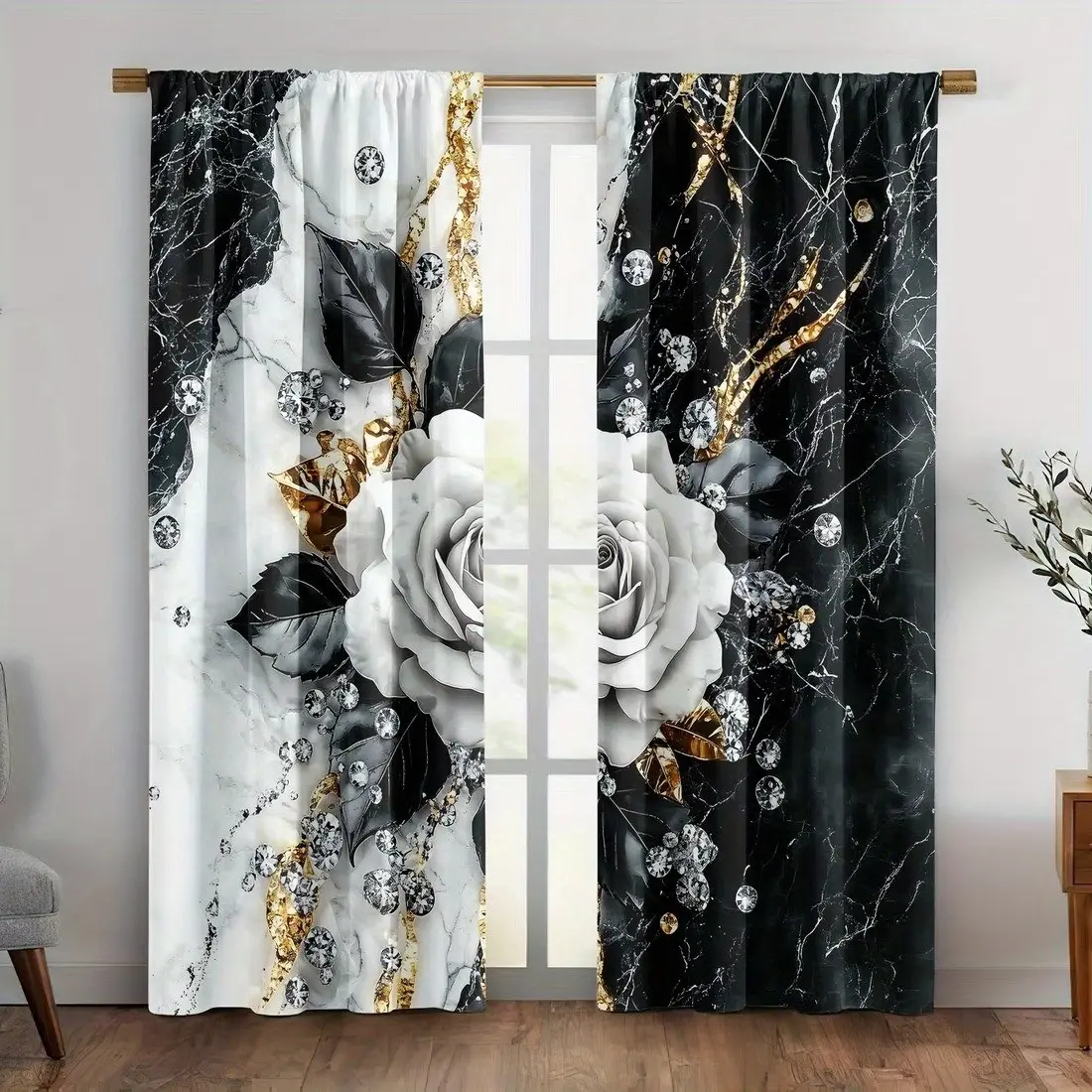 2pcs & Marble Rose Curtains Rod Pocket, Luxury Elegant Window Drape for Master Bedroom, Living Room, Contemporary Home Décor, Home Decoration Curtain, Home Decorative Curtain