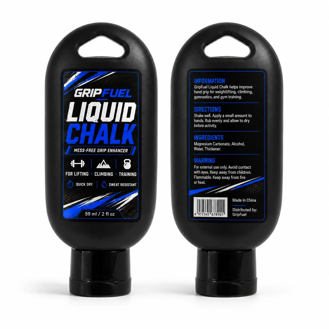 Liquid Chalk Grip Enhancer for Athletes, 2 fl oz / 59ml Mess-Free Magnesium Carbonate - Quick-Drying & Sweat-Resistant for Weightlifting, Climbing & Gymnastics, Black Bottle, Black Bottle With Blue/White Label, Gym Training, Keeps Hands Ready, Moisture Re