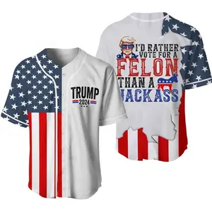 Trump Vote for a F.e. lon Funny Baseball Jersey, American Flag Shirt for Men, Women, Button Down Summer Outfit, vintage style, funny Trump Jersey, Summer 2024 Jersey Style, Unisex Outfit
