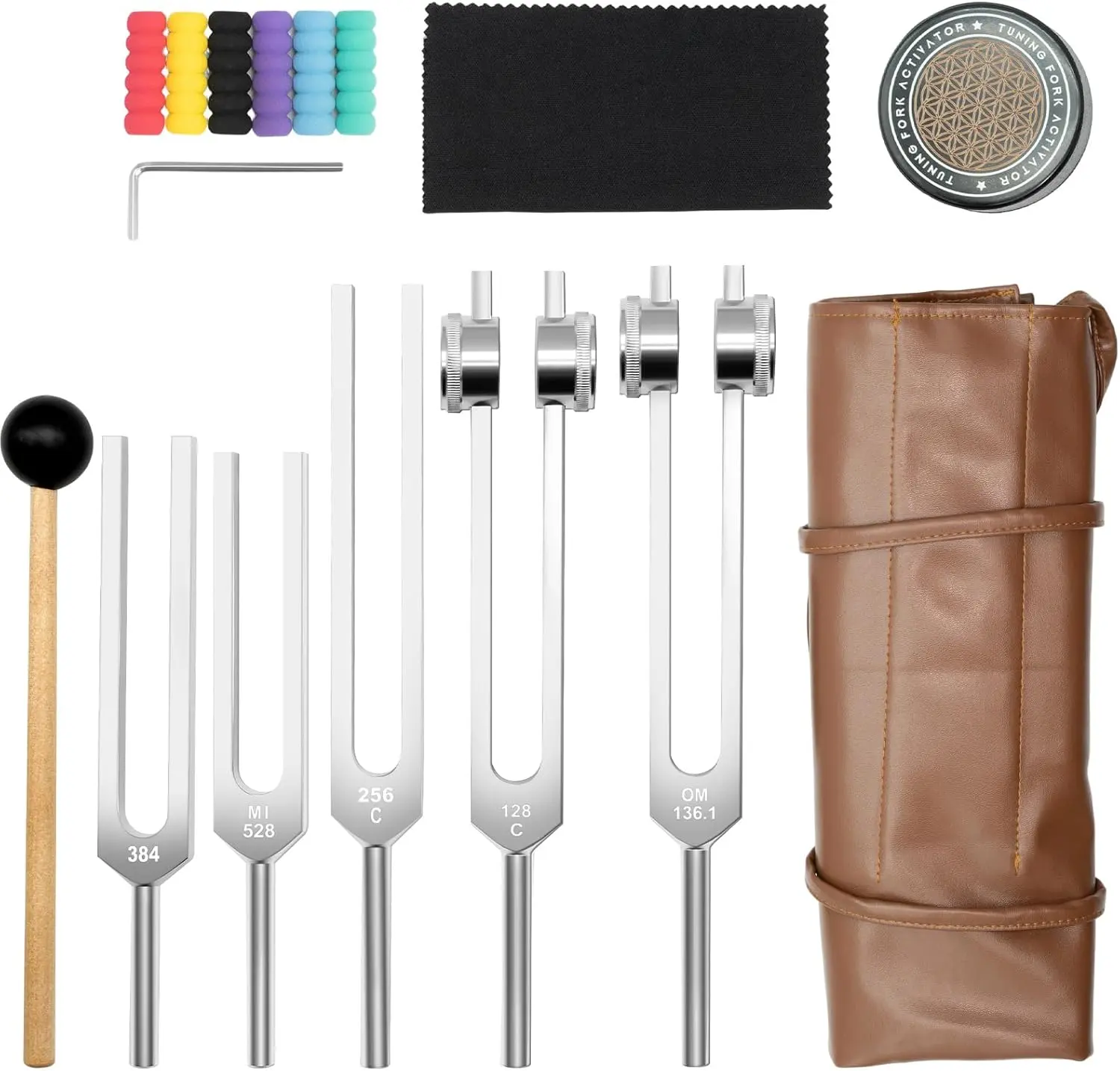 Portable Lightweight Aluminium Sound Healing Tuning Forks Set - 5-Piece Precise Tone (128Hz,136.1Hz,256Hz,384Hz,528Hz) Weighted & Unweighted with Activator,Pouch,Rubber Mallet for Stress Relief,Anxiety Relief