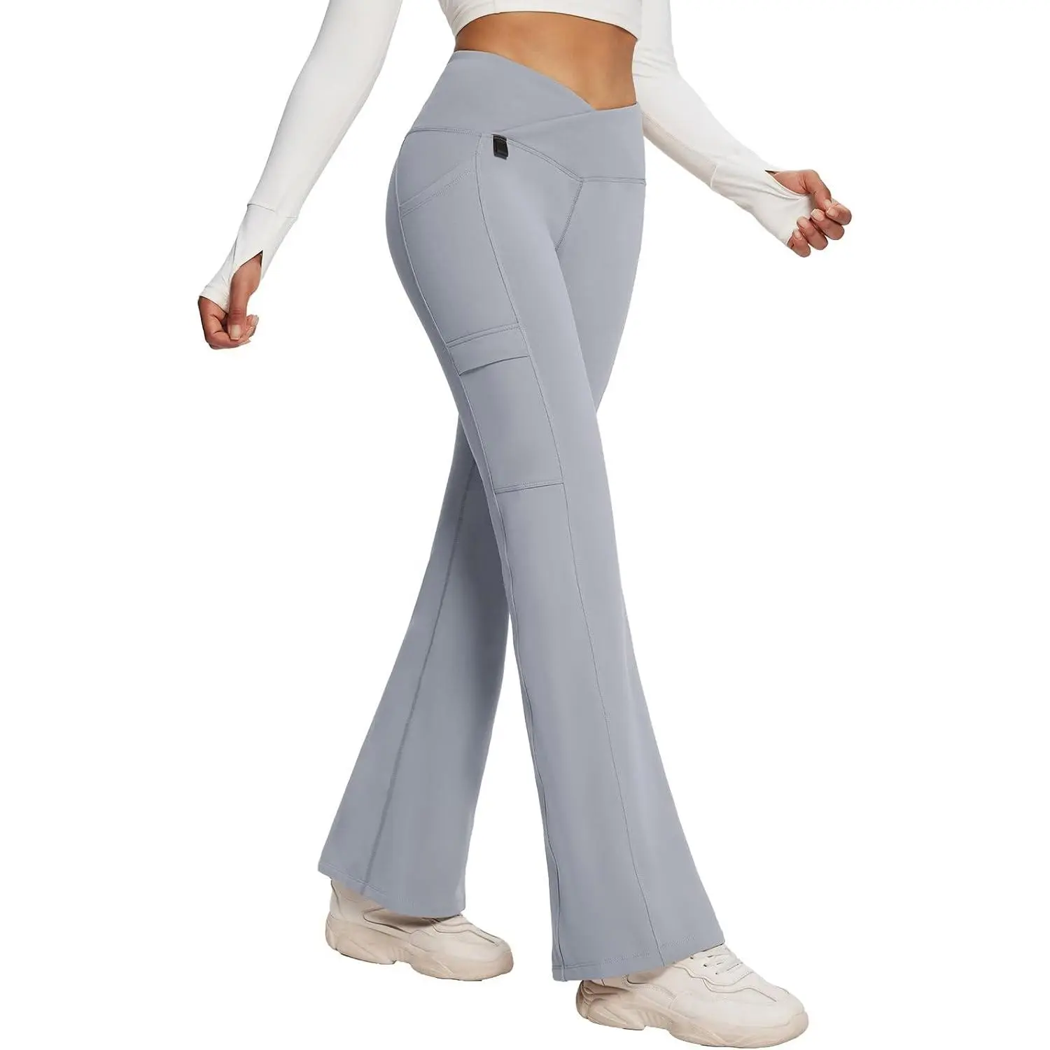 baleaf Women's Fleece Lined Flare Pants, High Crossover Waist Tummy Control Thermal Bottoms with 4 Pockets for Winter Hiking, Athleisure Pants, Casual Sports Pants