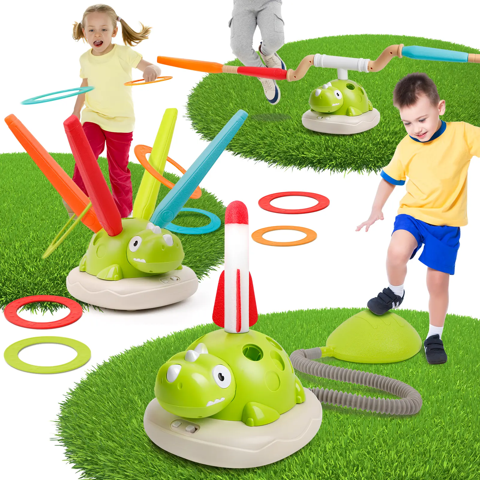 Edulok 3 in 1 Remote Control Dinosaur Play Set ,Musical Bouncing Game with Ring Toss ,Rocket Launcher, Indoor and Outdoor Active Play for Ages 3+,Birthday and Party Gifts