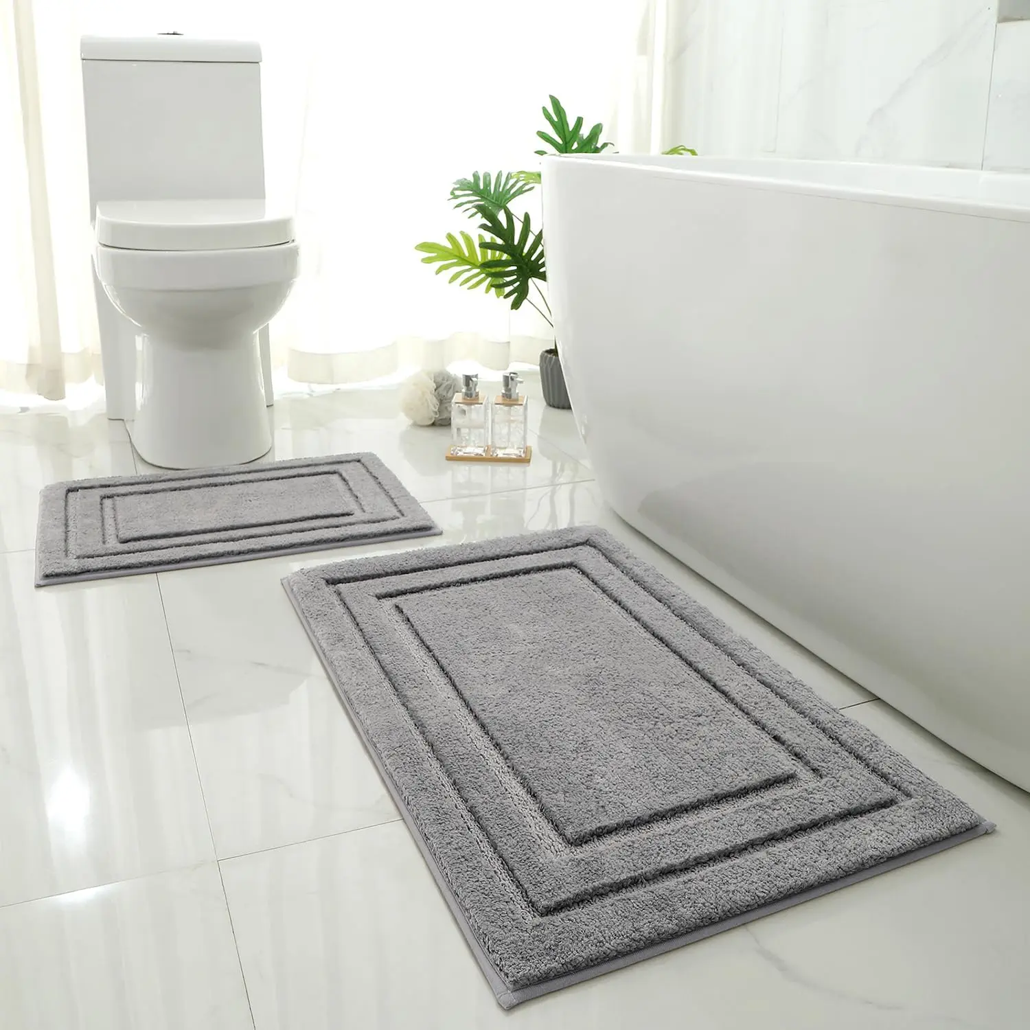 Gray Tufted 2-Piece Rectangle Bath Mat Set - Ultra-Soft Microfiber Rugs for Bathroom Floor, Slip-Safe, Water-Absorbent, Machine Washable (20"x32" + 16"x24") for Indoor Use
