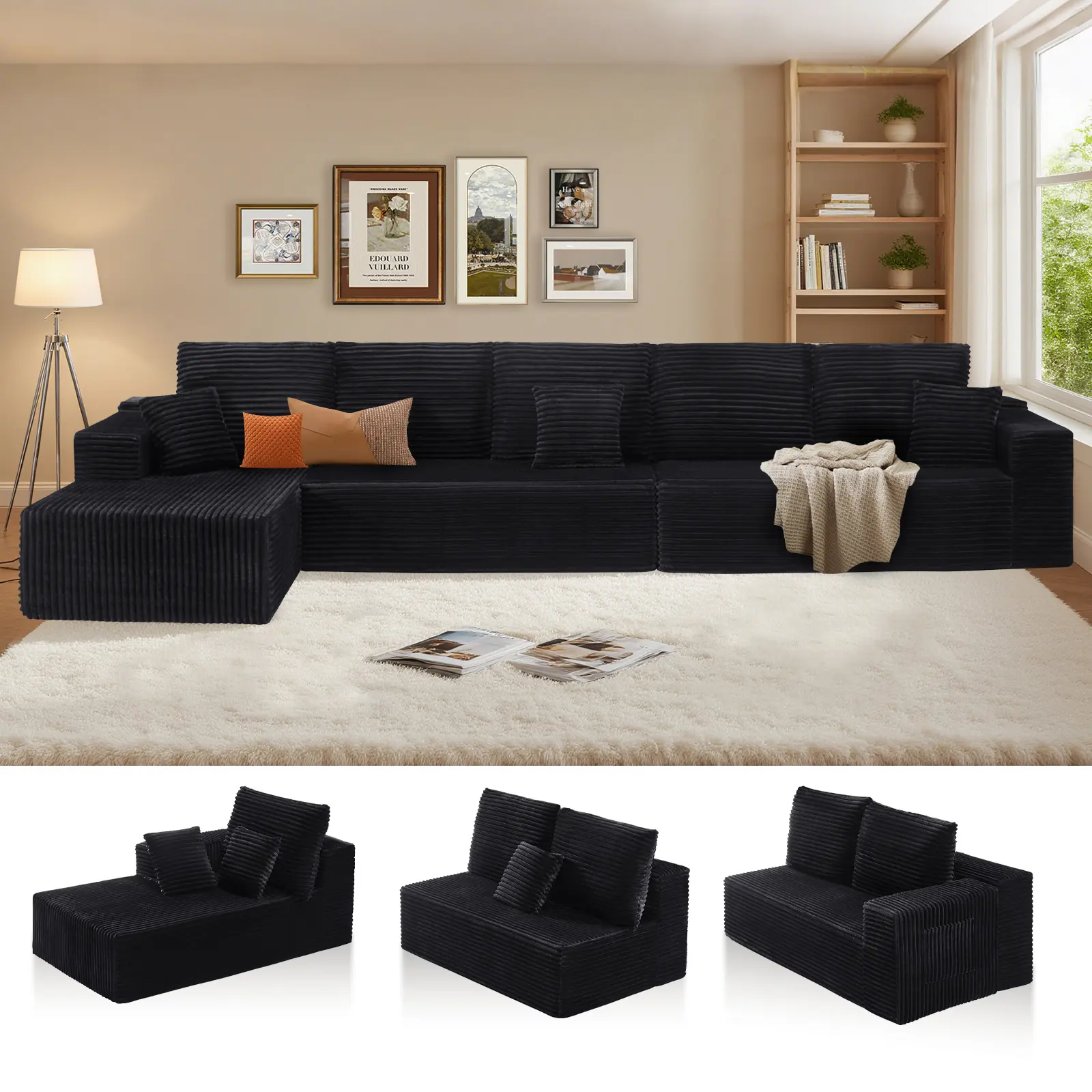 HSECOYAY Oversized 164'' L Shape Cloud Couch Plus Sectional Sofa with Chaise Modern Modular Sofa with 8 Soft Pillows & Lounge Chairs Boneless Upholstered Couches for Living Room Bedroom Plush Corduroy Fabric