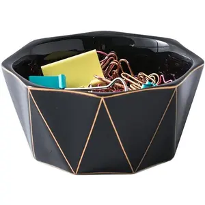 Paper Clip Holder With Gold Line Geometric Ceramic Paper Clip Dispenser for Desk Cute Paper Clip Organizer Office Binder Clip Holder (Black)