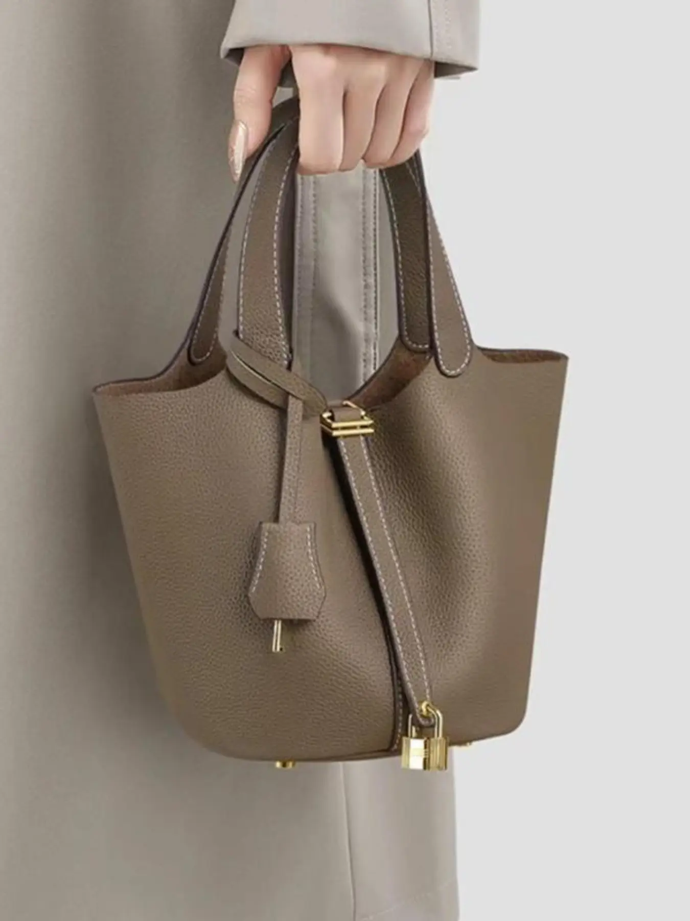 Women's Fashionable Plain Color Pu Leather Bag, Bucket Handbag, Bucket Bags, Casual Versatile Handbag with Lock Design, Elegant Minimalist Handbag, Trendy All-match Handbag for Daily Use, All Seasons Handbag, Fashionable Purse