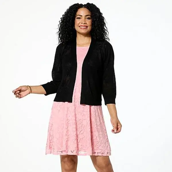 Nina Leonard Floral 3/4-Sleeve Sheer Knit Bolero
