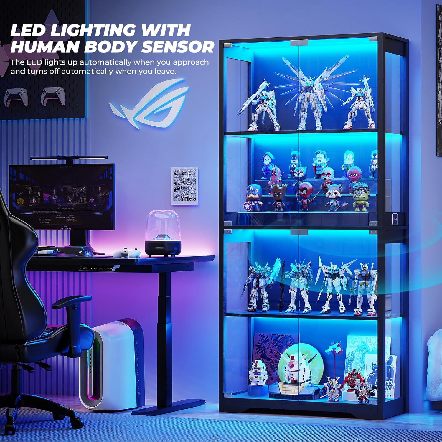 BROTTAR Display Cabinet with Glass Doors, 4-Tier Curio Cabinet with 3 Color Lights for Collectibles, Glass Display Case with Human Body Sensor, Bookcase with 4 Shelves, Storage Cabinets, White，Gray，Black