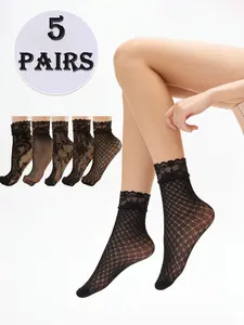 5 pairs of women's sexy black fishnet lace short socks, thin patterned silk stockings suitable for daily casual wear, Lace Crew Socks