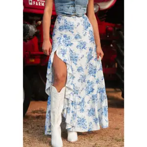 Sky Blue Floral High Waist Ruffle Split Skirt