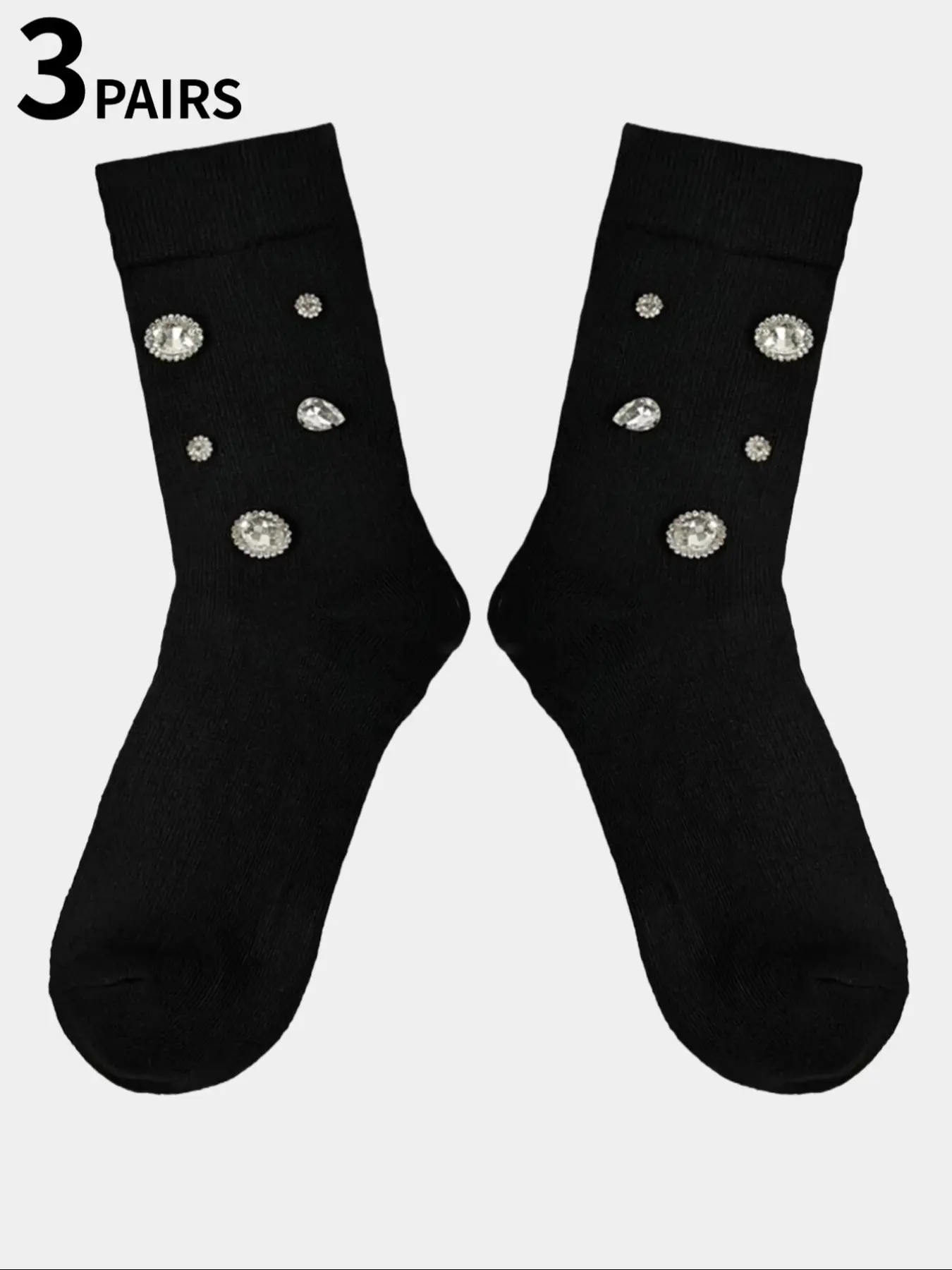 3 pairs of mid-calf socks embellished with sequins and rhinestones—elegant and comfortable, perfect for women’s nightclub outings, parties, and everyday wear