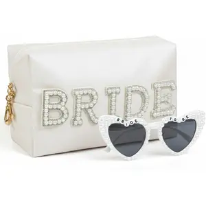 Bride Makeup Bag and Heart Sunglasses, Wedding Bride to Be Gifts Set -  PU Travel Toiletry Bag Bachelorette Sunglasses, Bridal Shower Gifts Bridesmaid  for Engagement