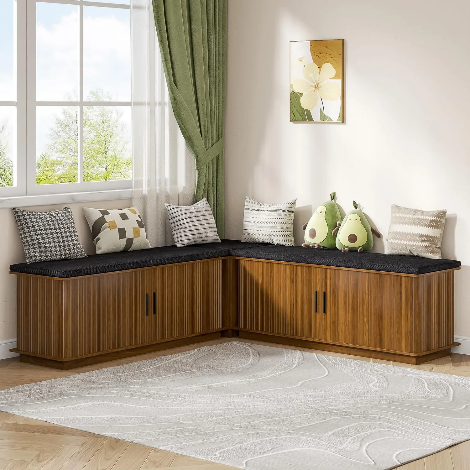 L-Shape Storage Bench with Cushion, Corner Dining Bench with Hidden Storage, Breakfast Nook Bench for Dining Room, Kitchen, Entryway, Cloakroom,Walnut,Wood,White