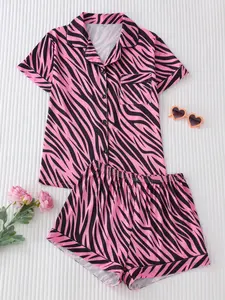 Women's Zebra Pattern Print Pajama Set, Shorts Pajamas, Pjs, Pyjamas, Casual Fitted Sleepwear, Loungewear, Short Sleeve Top with Button Neck, Comfortable Loose Shorts, Sweet Cool Style