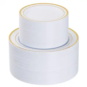 Goodluck 200PCS Gold Plastic Plates Heavy Duty Disposable BPA-Free Thick Plates for Parties Weddings Holidays & More 100 Dinner 100 Salad Dessert Plates Gold-trimmed Elegant Design