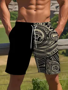 Men's Fashion Polynesian Tattoo Print Beach Shorts, Swimming Shorts, Casual Comfortable Summer Must-Have Trendy Short Pants, Summer Swim Trunks, Swimwear Shorts, Summer Swim Bottoms, All over Print H-Type Fitted