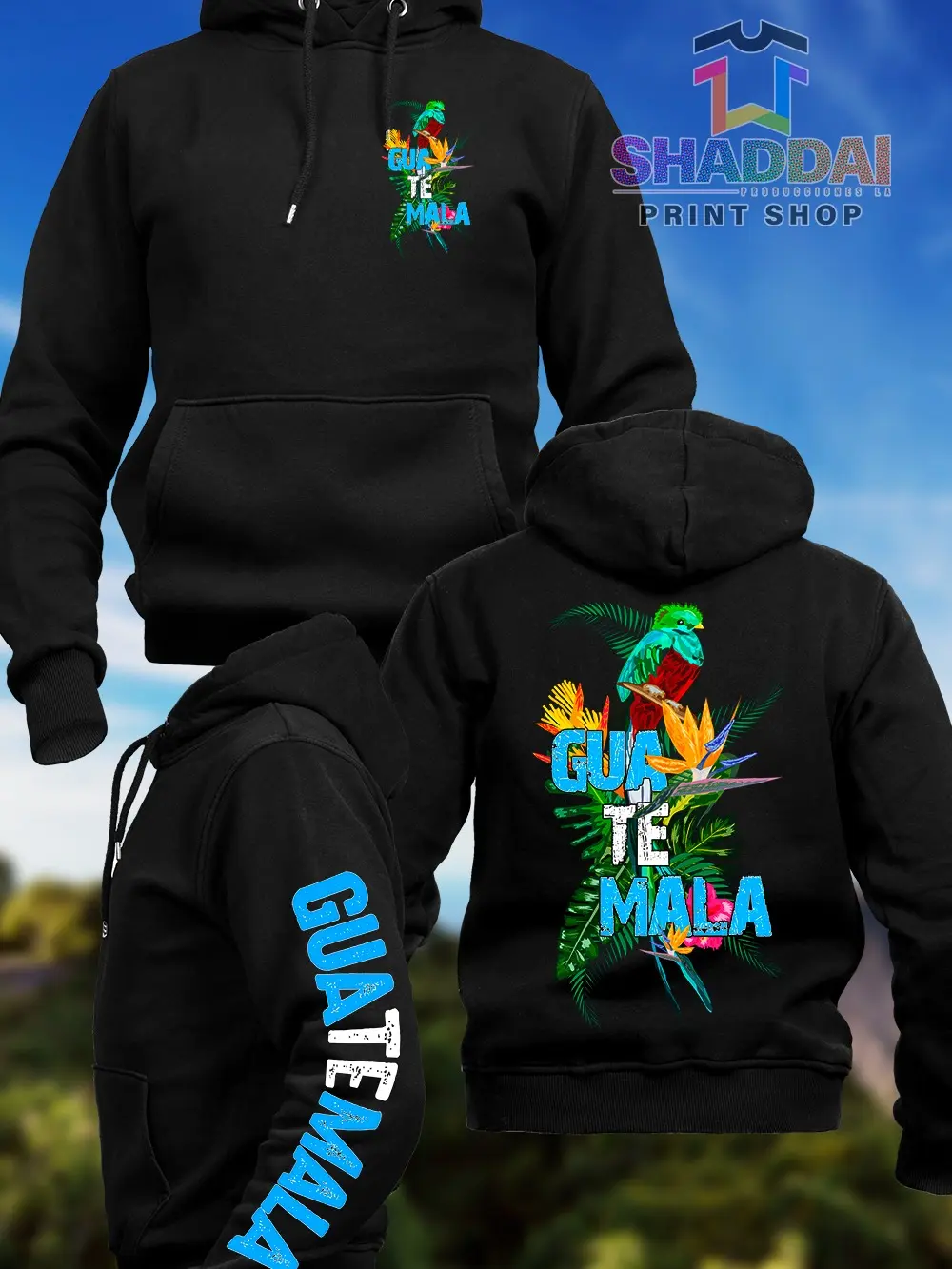 Unisex Black Hoodie with Guatemala Quetzal Flower Art, All-Seasons Basic Cute Fashion Men's Top