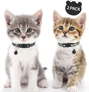 2pcs Set Striped Reflective Pet Collars with Bell, Adjustable Buckle Polyester Fiber Collars, with Paw Print Design for Small Dogs and Cats