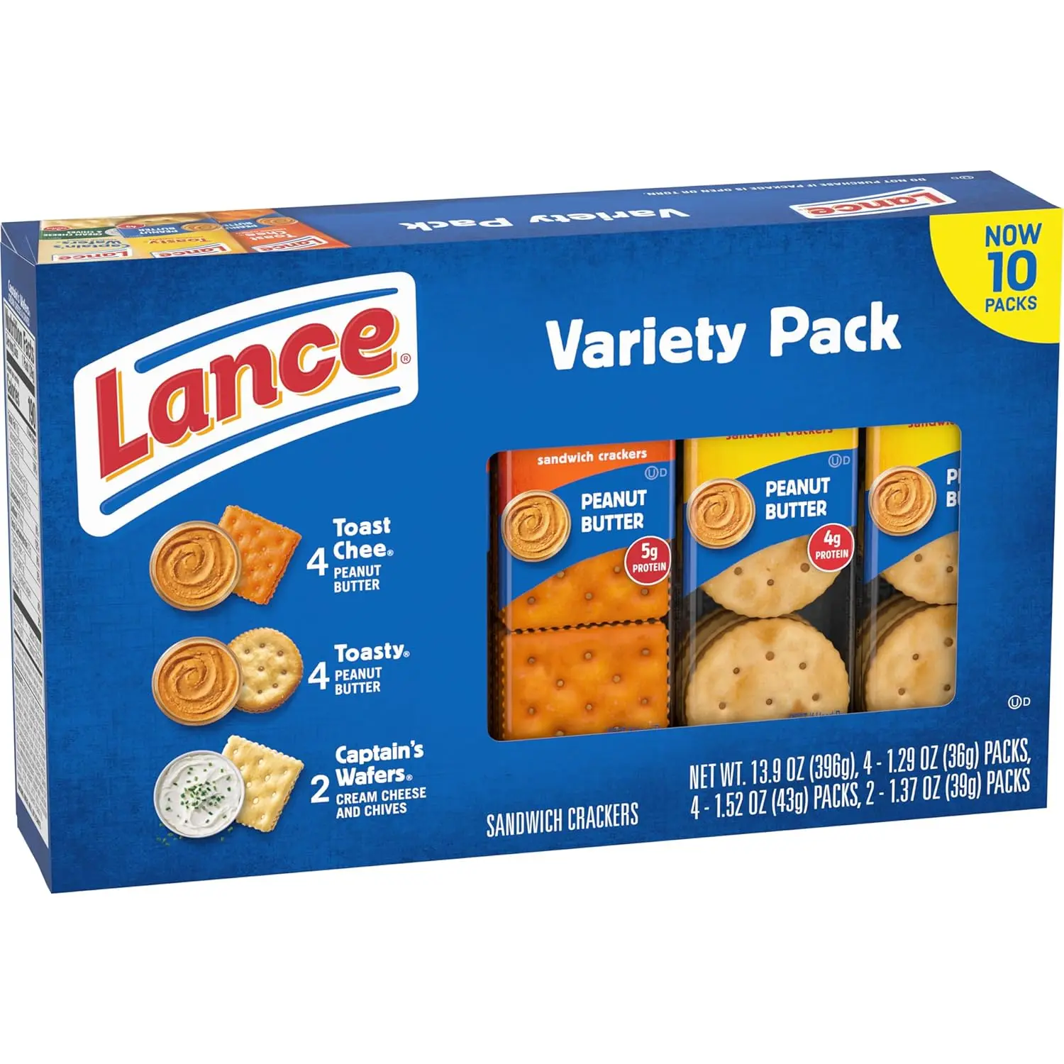 Sandwich Crackers Snacks, Variety Pack, 3 Flavors, 10 Individually Wrapped Packs, 6 Sandwiches Each