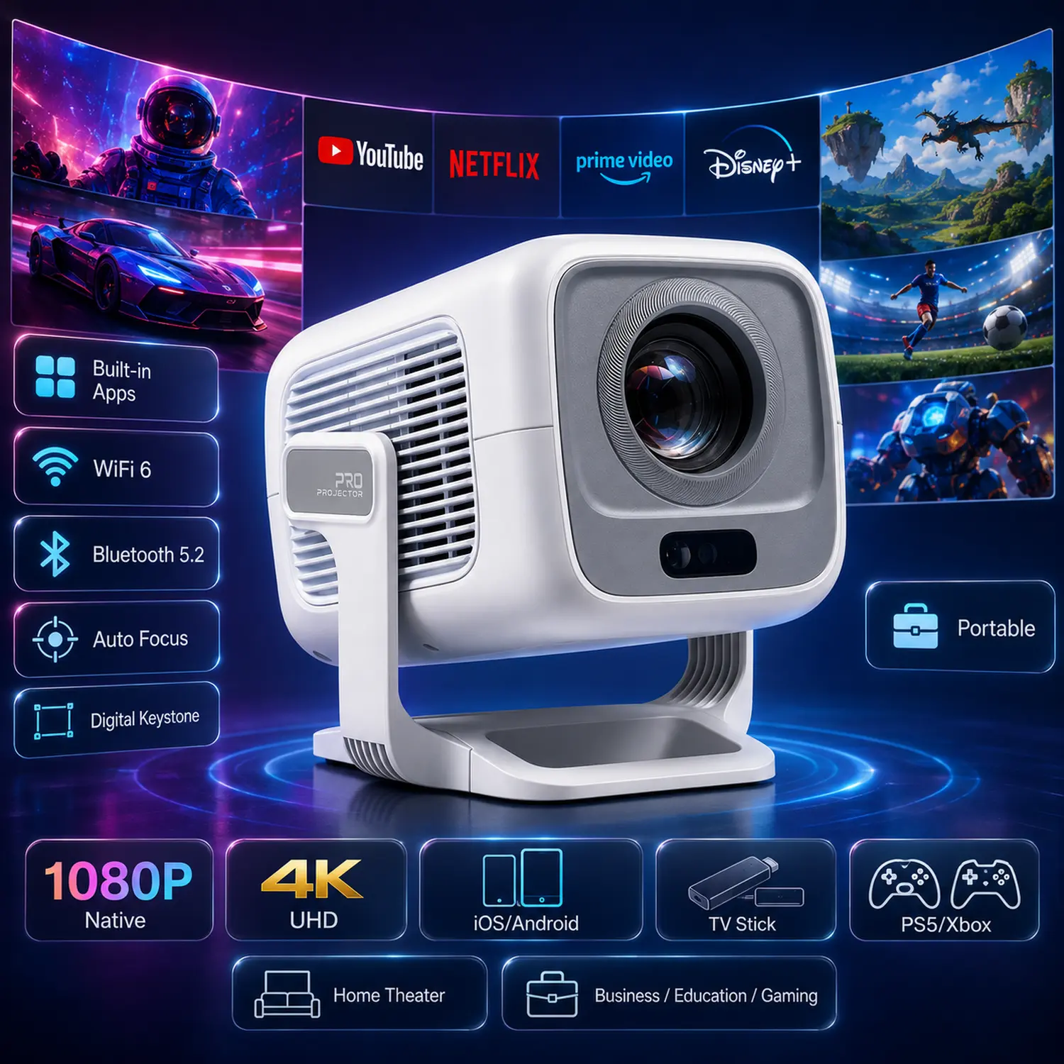 [US warehouse]  Auto Focus HY310 Projector 330ANSI Google Assistant 8K Decode Native 1080P BT5.4 WIFI6 Android 14 Built-in Speaker Allwinner H726 180° Flexible 130"Screen 60Hz Reflash Home Cinema Mini Portable Projector Wireless Local Summervibes