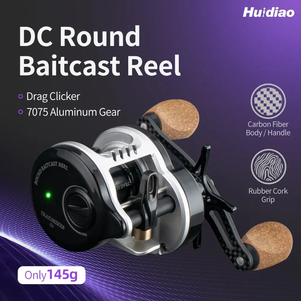 HUIDIAO TRAILSEEKER G1 DC Round Baitcasting Reel Digital Control Braking System Anti-Backlash Drum Reel 7.2:1 High Speed Ratio 145g/5.11oz Lightweight Carbon Fiber Body/Handle for Finesse Fishing Fishing Reels
