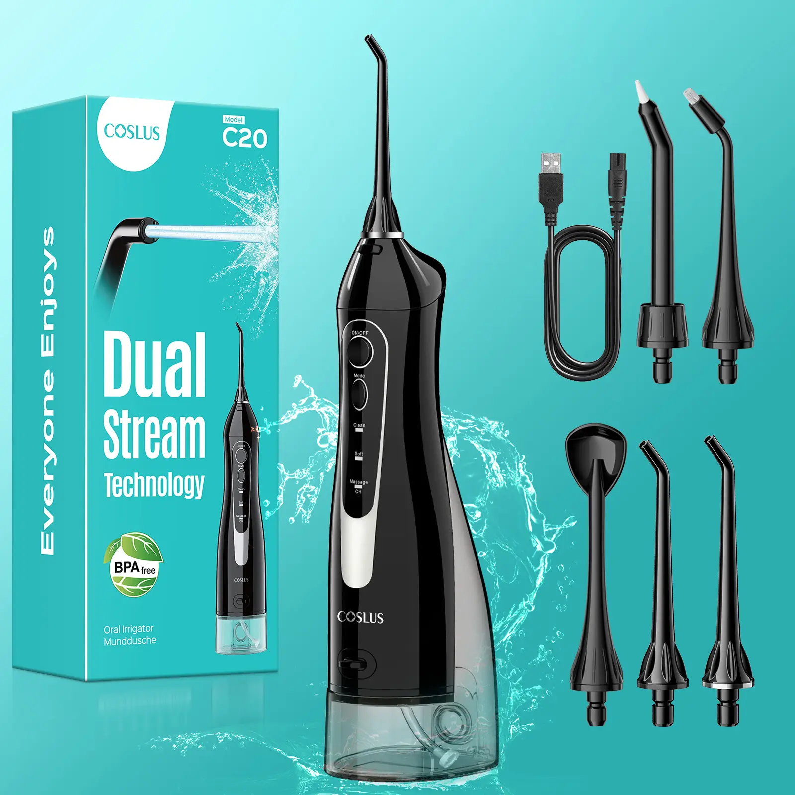 COSLUS CX20 Cordless Water Flosser For Teeth, 300ML,4 Nozzles, IPX7 Waterproof,Lightweight Rechargeable Water Flosser,Professional Dental Teeth Irrigator, Teeth Cleaning Tools,Suitable for Orthodontics,Effectively Cleans Plaque and Tartar,Home Travel Gift