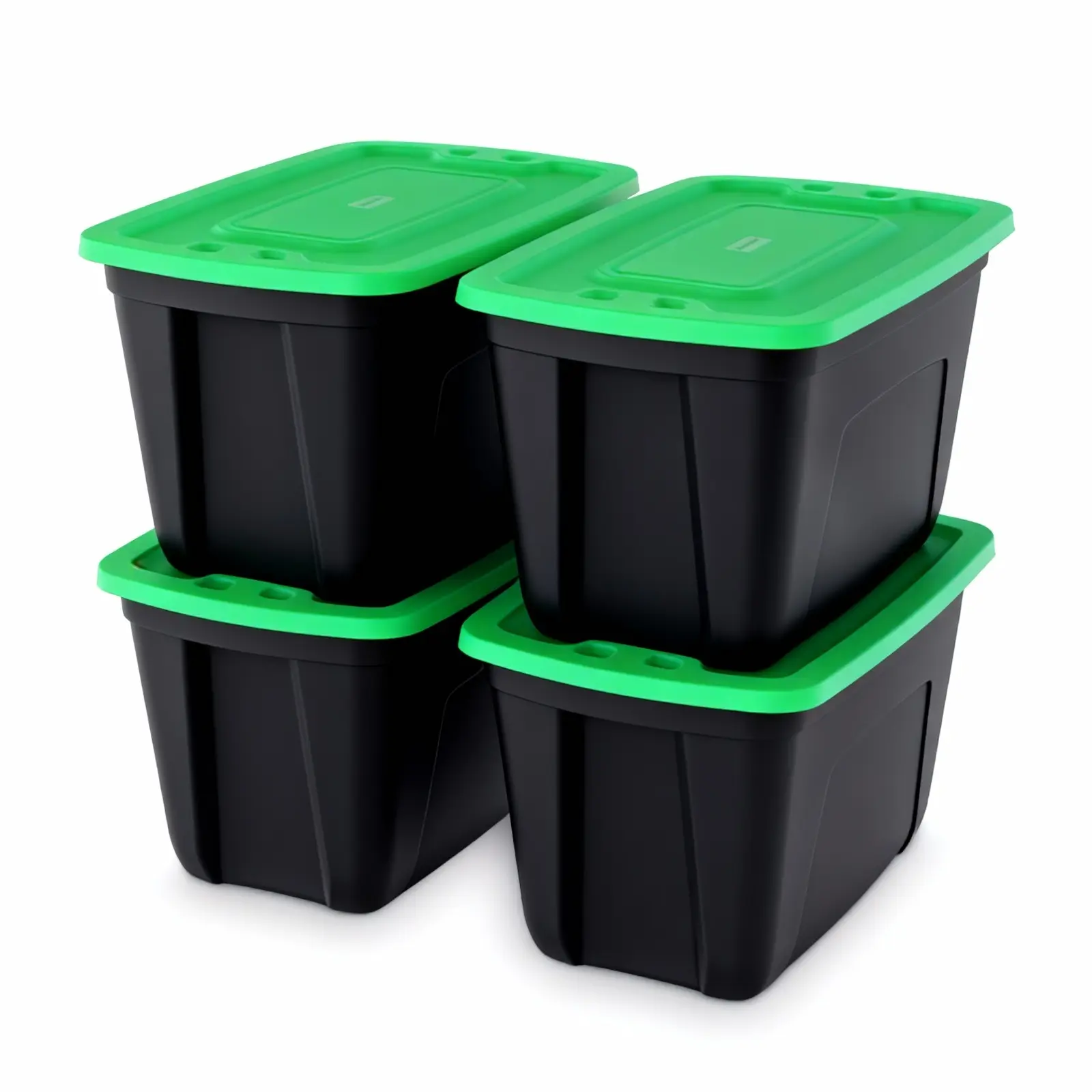 SIMPLYKLEEN 4-Pack 18 Gal Heavy Duty Stackable Plastic Storage Bins with Black Bodies & Green Lids, for Home, Garage Organization