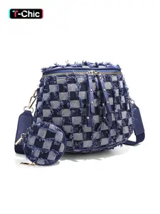 Women's Denim Checkered Crossbody Bag, Large Bum Bag Fanny Pack with Coin Purse, Adjustable Strap Lightweight Shoulder Purse for Travel, Daily Commute & Mom Gifts, Fashionable Shoulder Bag