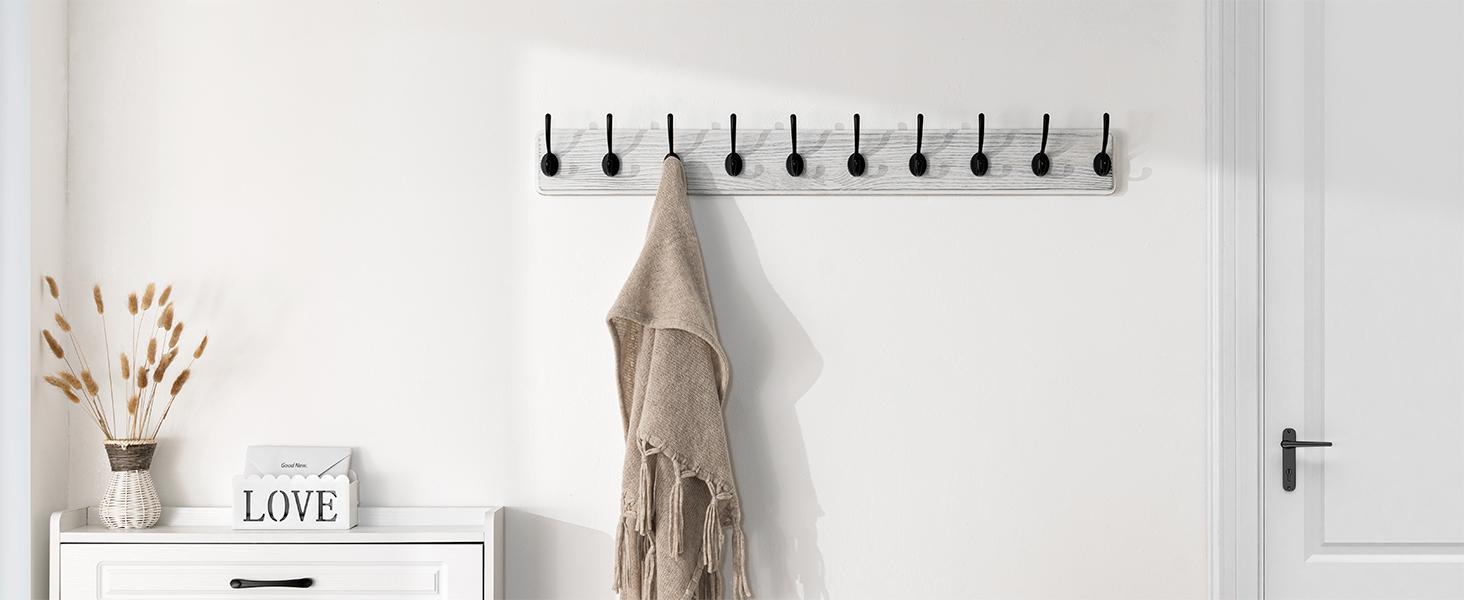 Farmhouse Style Wall Mounted Coat Rack, 38.6'' Pine Wood Coat Hook Hanger - 10 for Clothes Robes Towels