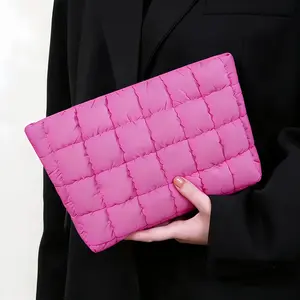 Puffy Quilted Clutch Makeup Bag with Zipper, Casual Fashion Cosmetics Pouch, Versatile Bag For Daily Use & Travel, Solid Color Design, Wide-Open Makeup Case for Toiletries, Accessories, and Brushes