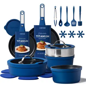 [Official]CAROTE 23pcs Sapphire Blue Pots and Pans Set Non Stick, Nonstick Cookware Set, Dishwasher/Oven/Fridge Safe Pots and Pans, Removable Handle RV Oven Safe Cookware, Induction Kitchen Set, Blue