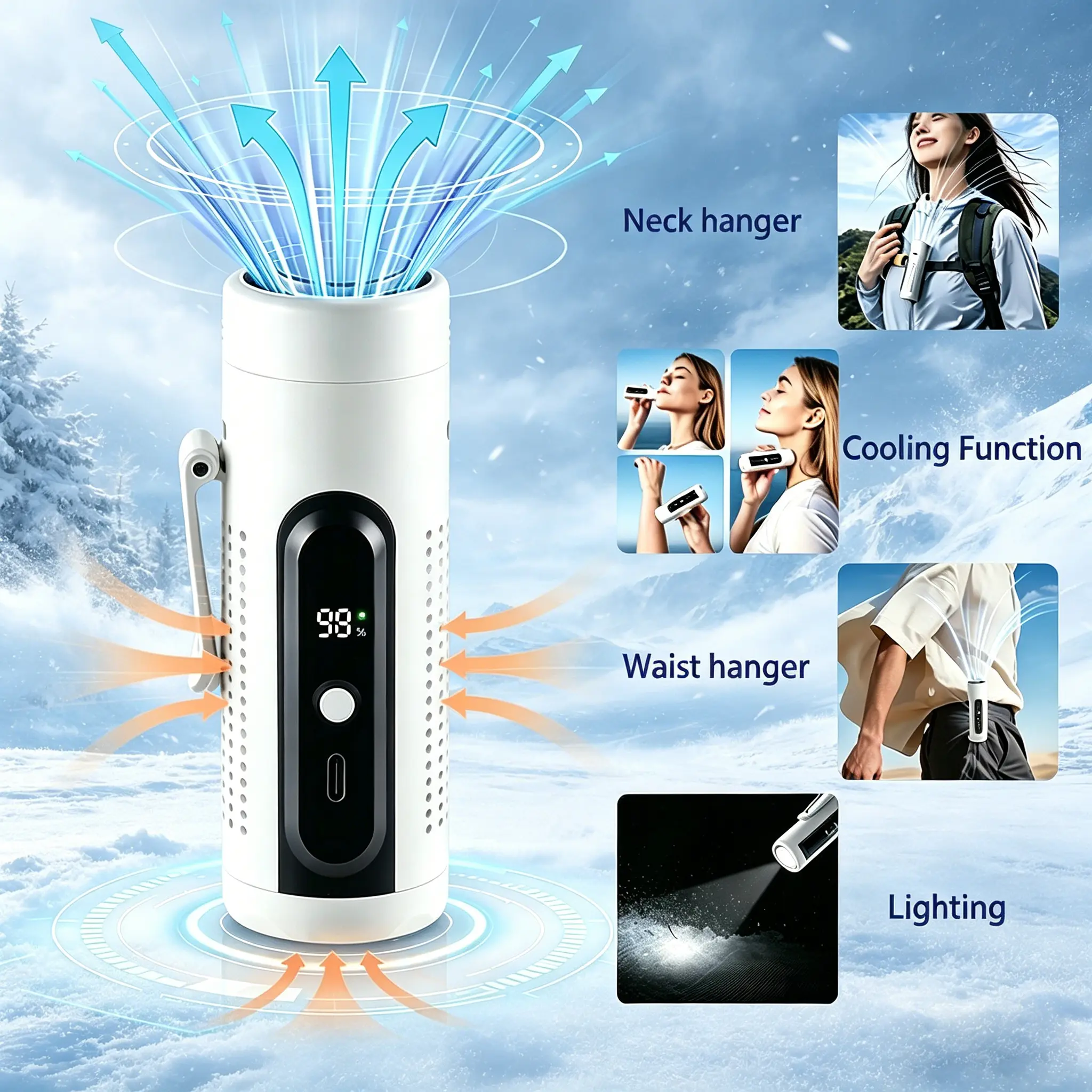 Cordless Clip-On Wearable Cooling Fan - 5000mAh Battery-Powered Rechargeable USB Fan with USB Port, 20000RPM Brushless Motor, 5 Adjustable Speeds, LED Light, Cells, Neck-Waist Use, Ideal for Outdoor Work, Camping, Cooling Solutions