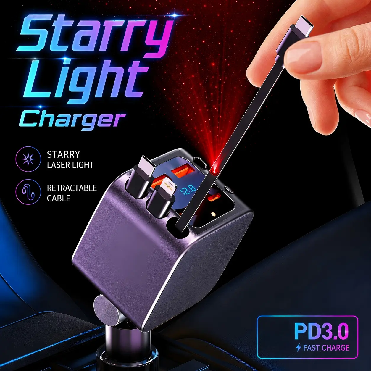 [2026 Upgraded] 120W 7-in-1 Retractable Car Charger with Voltage Display - Atmosphere Lamp,Starry Light,Star Projector Car Accessories Bundle for iPhone, Android to Eliminate Cable Mess, Car Stuff