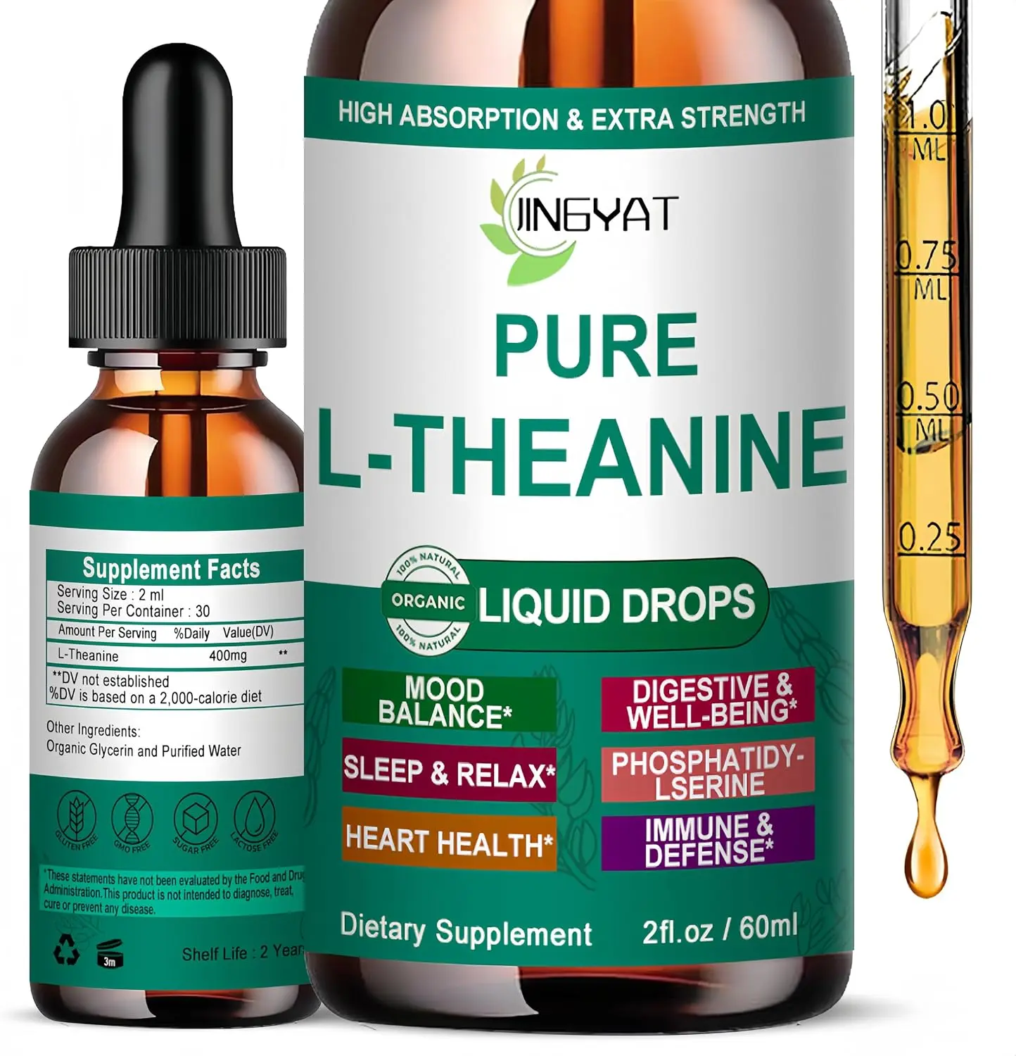 Pure L-Theanine Liquid Drops 400mg Organic High Absorption L Theanine Drops Supplement for Adults Kids Daily Stress Relief Natural Focus Relaxation Calm Mind Energy Balance Sleep Support Non-GMO Gluten Free 30 Servings