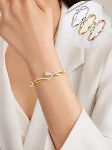 Women's V-Shape Cross Design Bangle, Zircon Stone, Stainless Steel, Hypoallergenic, Casual Fashion Jewelry, Birthday Gift, Style, Elegant Minimalist Bangle