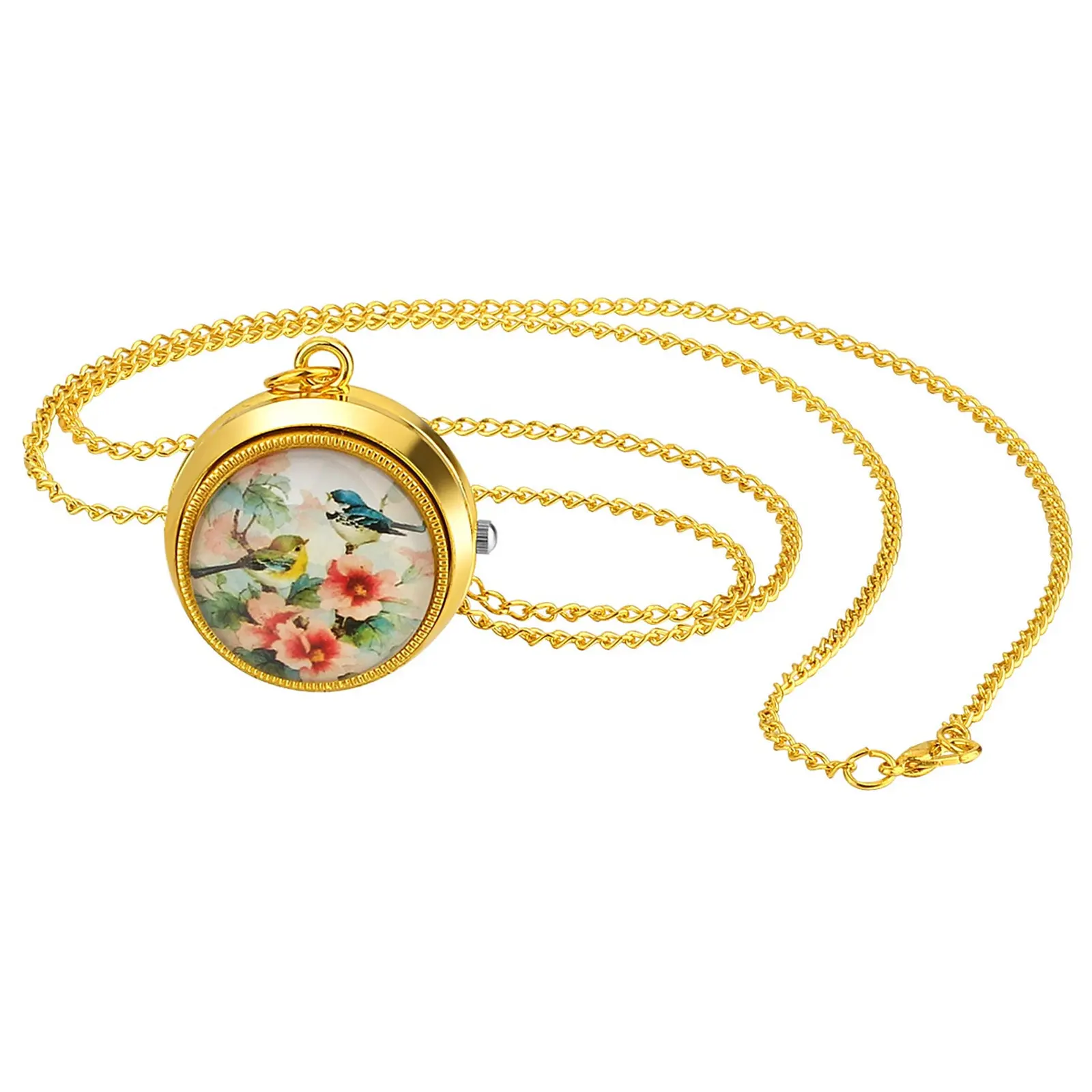 OIDEA Gold Tone Bird Pocket Watch with Spinning Bezel, Quartz Necklace Watch on a 30.7" Chain, Interactive Fidget Gift for Bird Lovers, Gold Tone Chain Pocket & Fob Watches