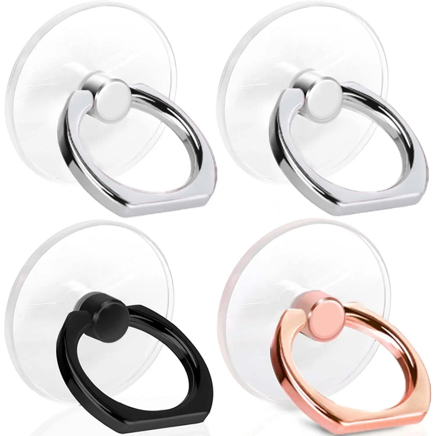 4 Pack  Cell Phone Ring Holder, Transparent Ring Holder 360?Rotation Finger Ring Stand, Clear Cell Phone Kickstand Compatible with  of Phones, Tablet and Case, (2Silver+1Black+1Rose )