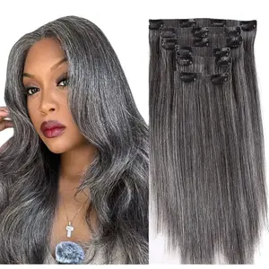 Salt and Pepper Seamless Clip ins Hair Extensions Human Hair Silky Straight PU Clip in Hair Grey Highlight Hair 7pcs /set Full Head for Women